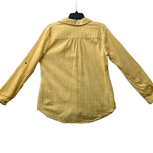 Kut from the Kloth Button Feena Top Women Large Yellow Textured Gingham V-Neck - Picture 6 of 10